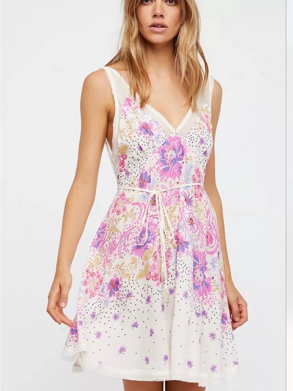 Free People White Floral Mini Dress with Pink and Purple Accents